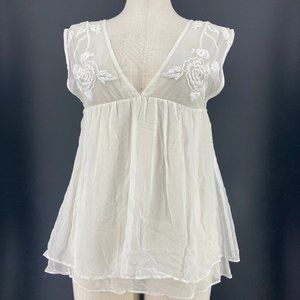 New Plenty Tracy Reece Top Semi Sheer White Tank Blouse Embroidered Size Small